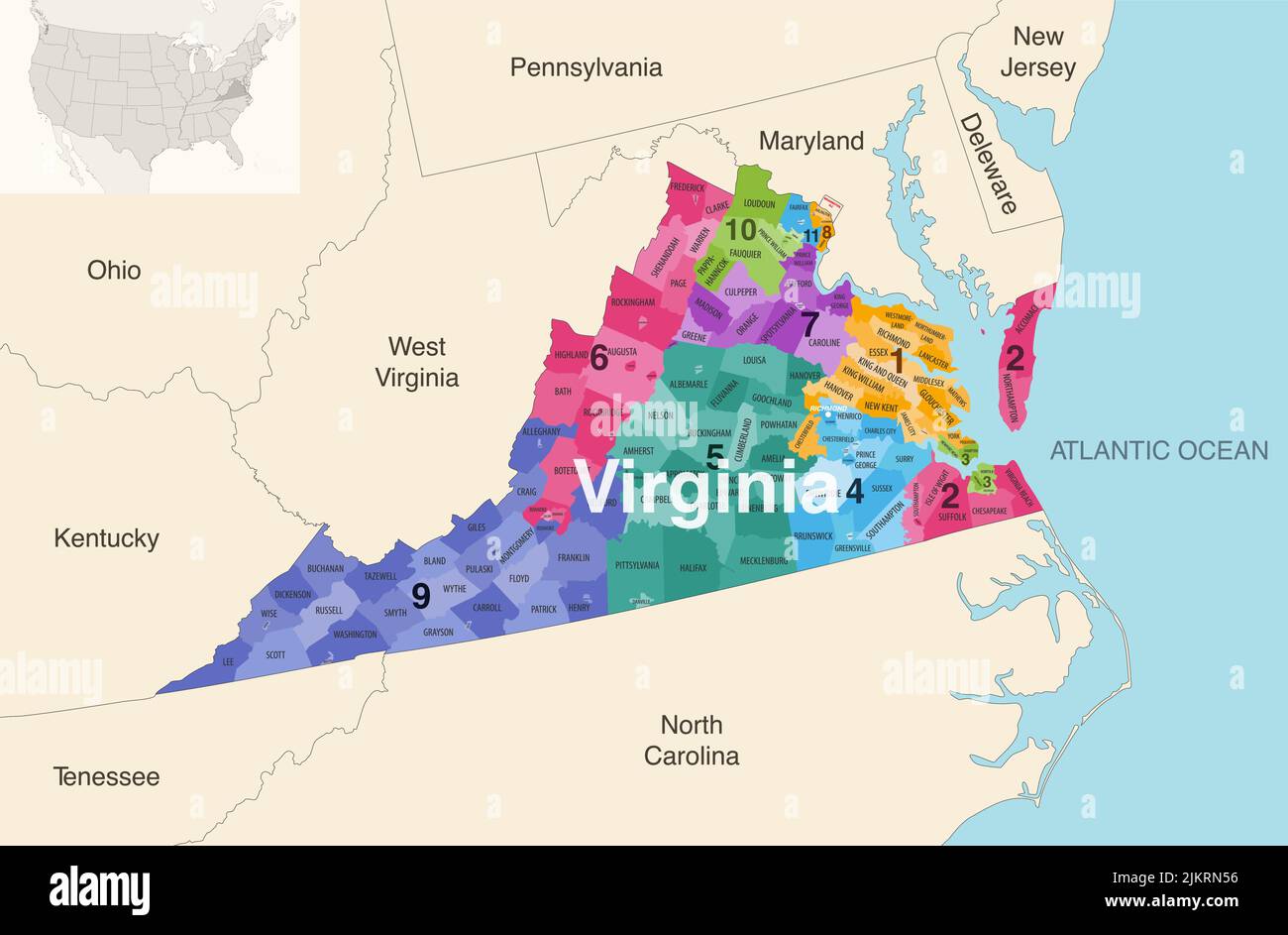 Le contee dello stato della Virginia sono colorate da una mappa vettoriale dei distretti del Congresso con gli stati vicini e le terrotorie Illustrazione Vettoriale