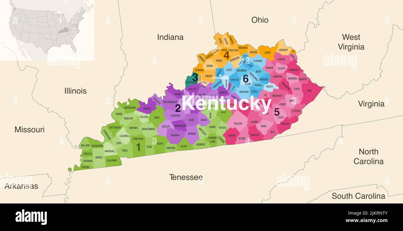 Le contee dello stato del Kentucky colorate da una mappa vettoriale dei distretti del Congresso con gli stati vicini e le terrotorie Illustrazione Vettoriale