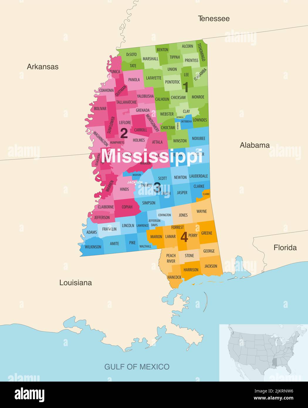 Le contee dello stato del Mississippi sono colorate da una mappa vettoriale dei distretti del Congresso con gli stati vicini e le terrotorie Illustrazione Vettoriale