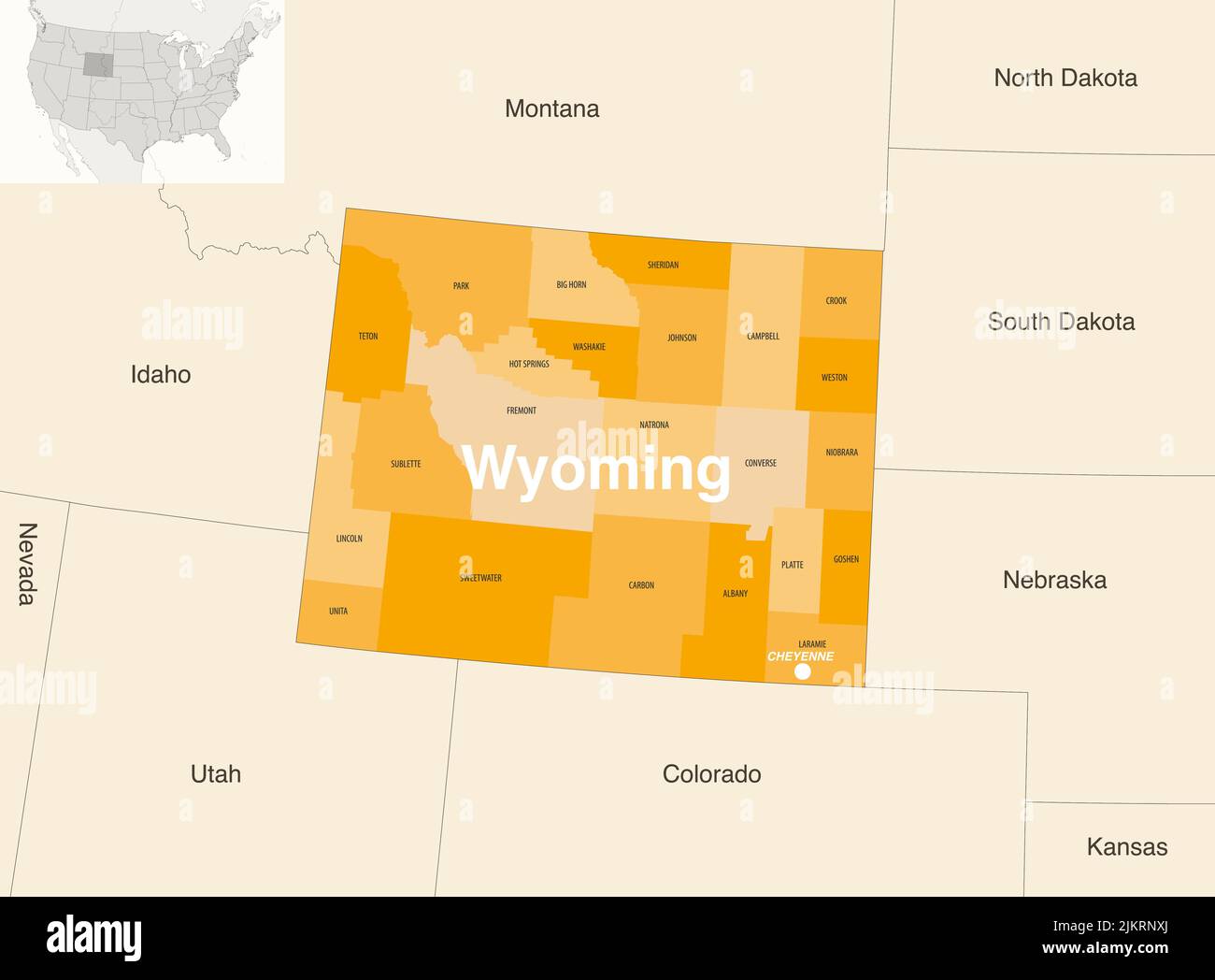 Mappa vettoriale delle contee dello stato del Wyoming con gli stati e i terrotories vicini Illustrazione Vettoriale