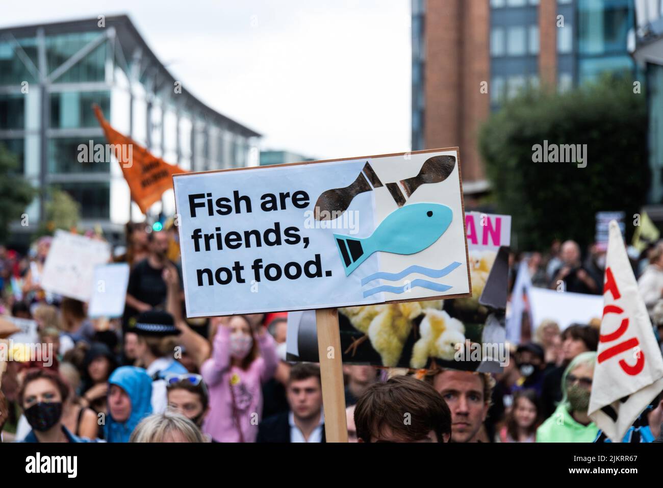 I pesci sono amici non cibo placard tenuto uo in folla di protestori per i diritti degli animali, Londra 2021 Foto Stock