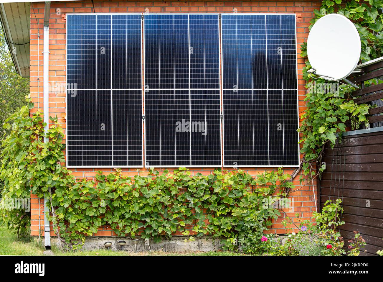 Pannelli solari attaccati ad una casa domestica per il risparmio di stanza e la produzione di energia verde. Bel giardino con vitigni e fiori in crescita. Foto Stock