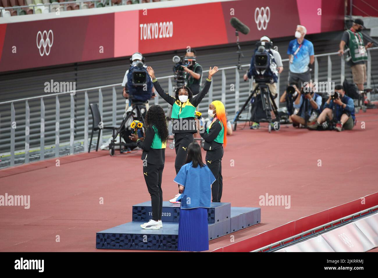 01st agosto 2021 - Tokyo, Giappone: Elaine Thompson-Herah della Giamaica durante la cerimonia di vittoria delle Donne 100m ai Giochi Olimpici di Tokyo 2020 (pH Foto Stock