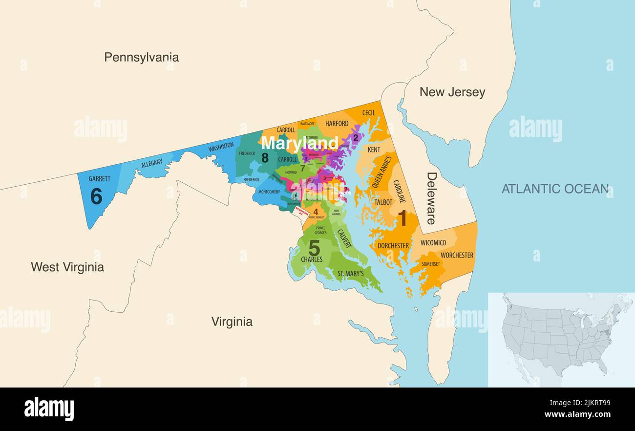 Le contee dello stato del Maryland sono colorate da una mappa vettoriale dei distretti del Congresso con gli stati vicini e le terrotorie Illustrazione Vettoriale