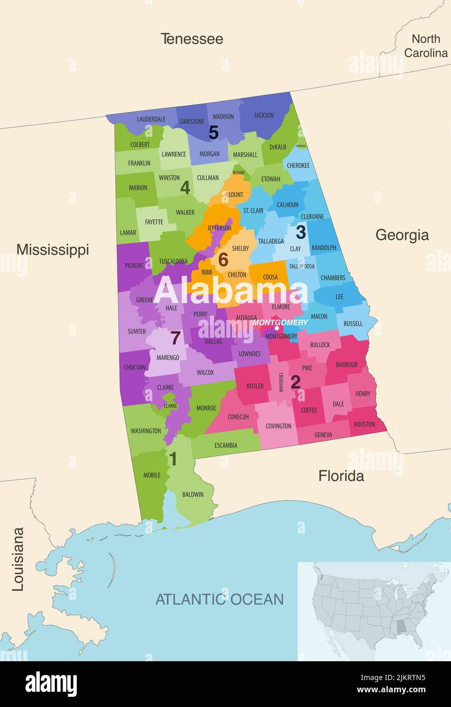Le contee dello stato dell'Alabama sono colorate da una mappa vettoriale dei distretti del Congresso con gli stati vicini e le terrotorie Illustrazione Vettoriale