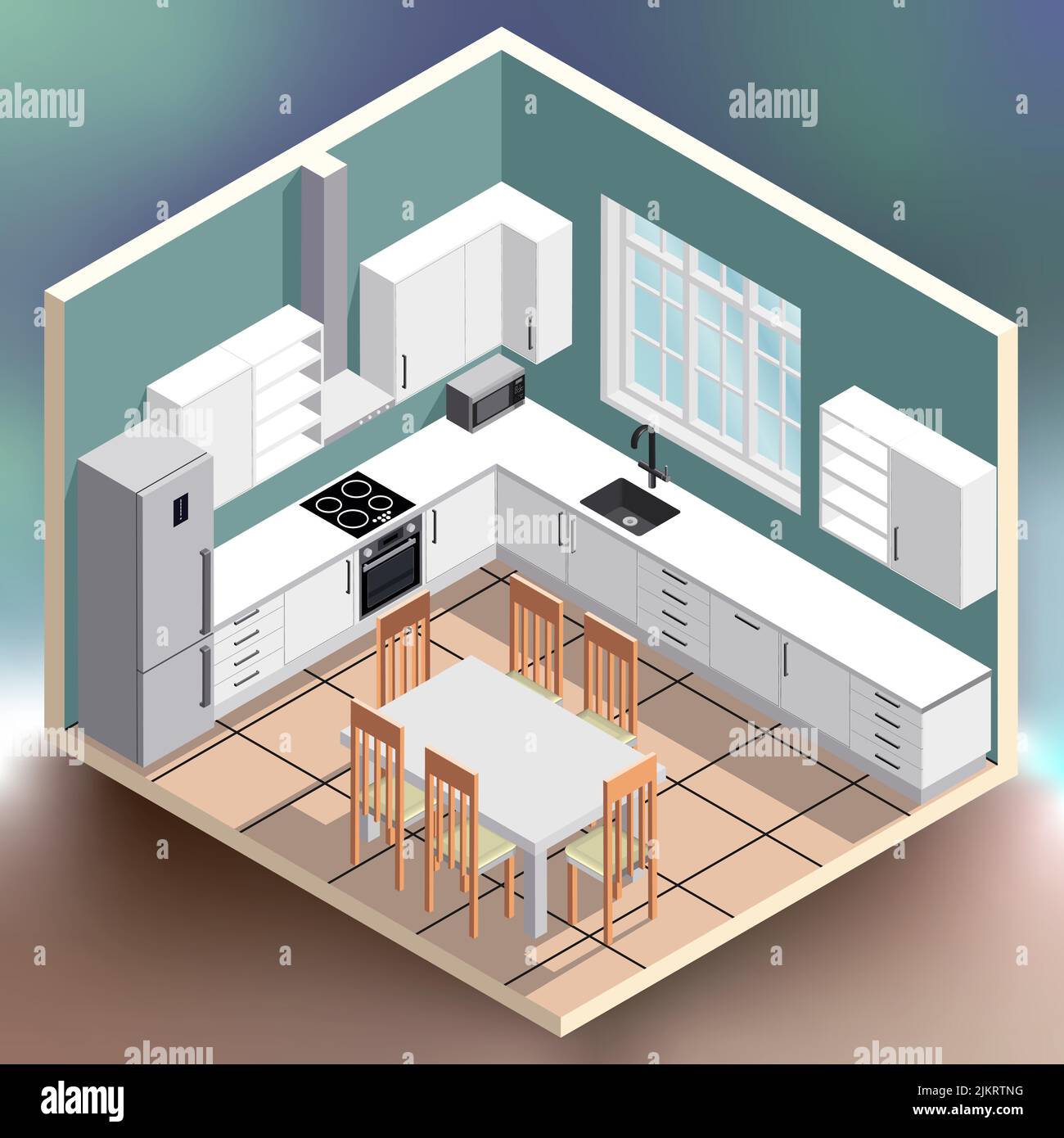 Illustrazione isometrica interna della cucina su sfondo colorato e luminoso Illustrazione Vettoriale