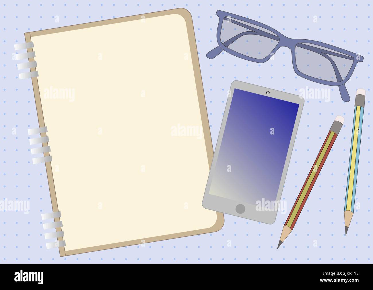 Una vista dall'alto di un notebook con un telefono cellulare, occhiali e due matite su un tavolo viola organizzato Illustrazione Vettoriale Una vista dall'alto di un notebook con un telefono cellulare, occhiali e due matite su un tavolo viola organizzato Illustrazione Vettoriale