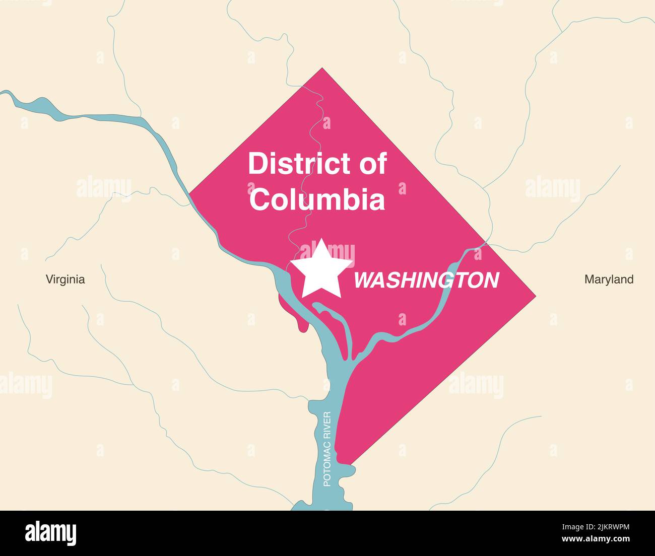 Washington, District of Columbia mappa vettoriale con stati vicini e terrotories Illustrazione Vettoriale