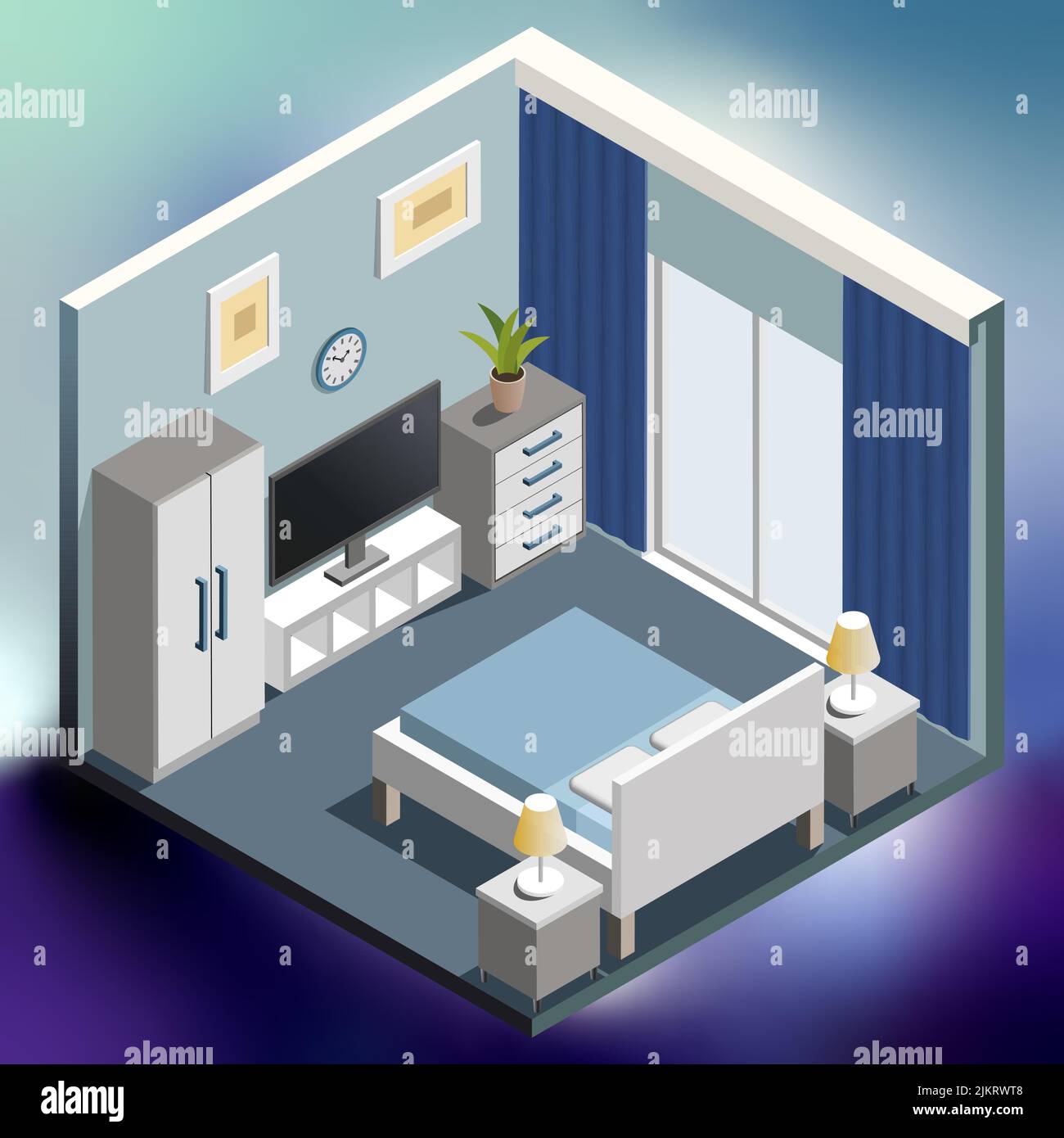 Illustrazione isometrica dell'interno della camera da letto su sfondo colorato e luminoso Illustrazione Vettoriale