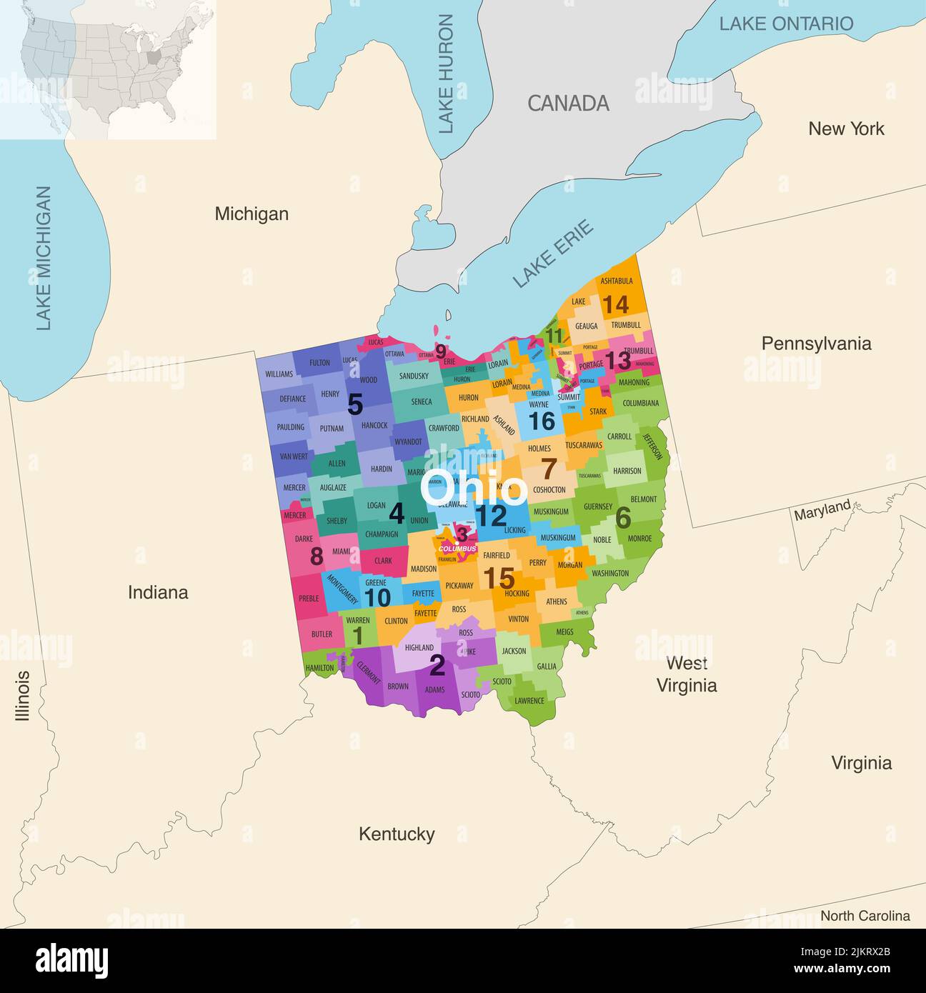 Le contee dello stato dell'Ohio colorate da una mappa vettoriale dei distretti del Congresso con gli stati vicini e le terrotorie Illustrazione Vettoriale