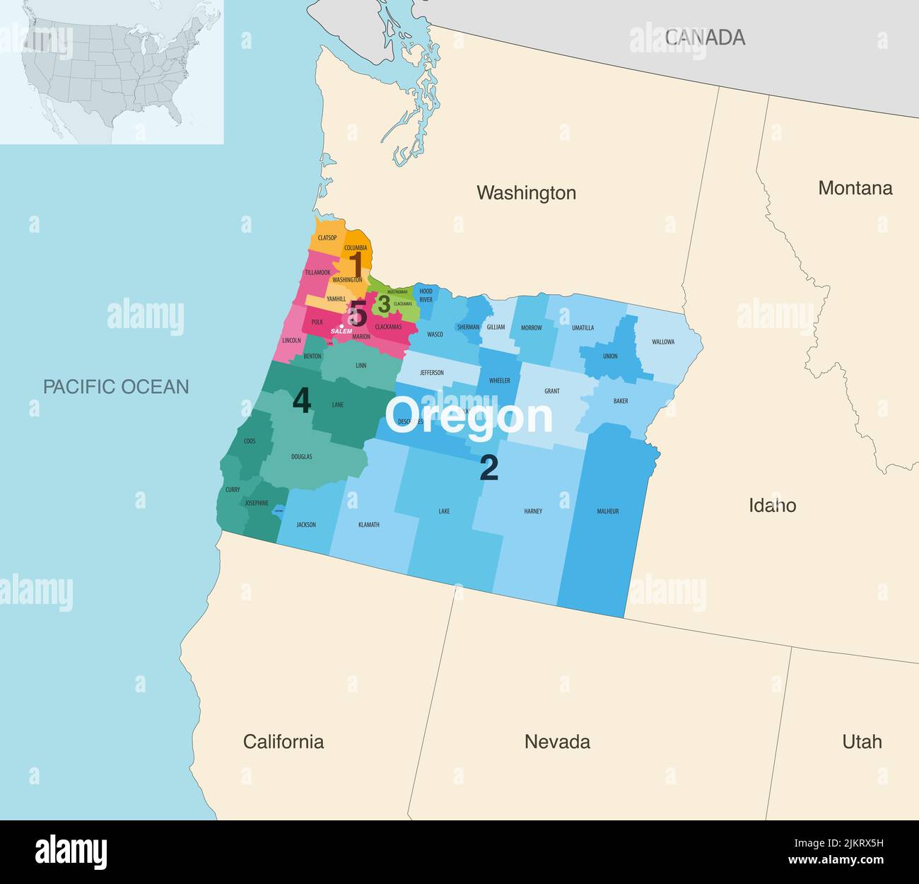 Le contee dello stato dell'Oregon sono colorate da una mappa vettoriale dei distretti del Congresso con gli stati vicini e le terrotorie Illustrazione Vettoriale