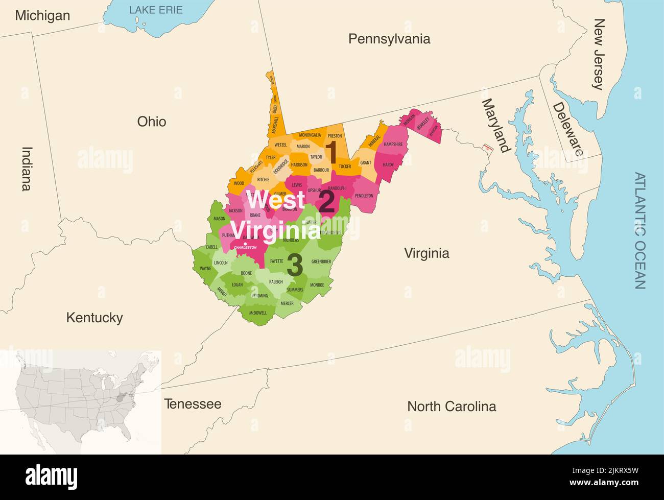 Le contee dello stato della Virginia occidentale sono colorate da una mappa vettoriale dei distretti del Congresso con gli stati vicini e le terrotorie Illustrazione Vettoriale