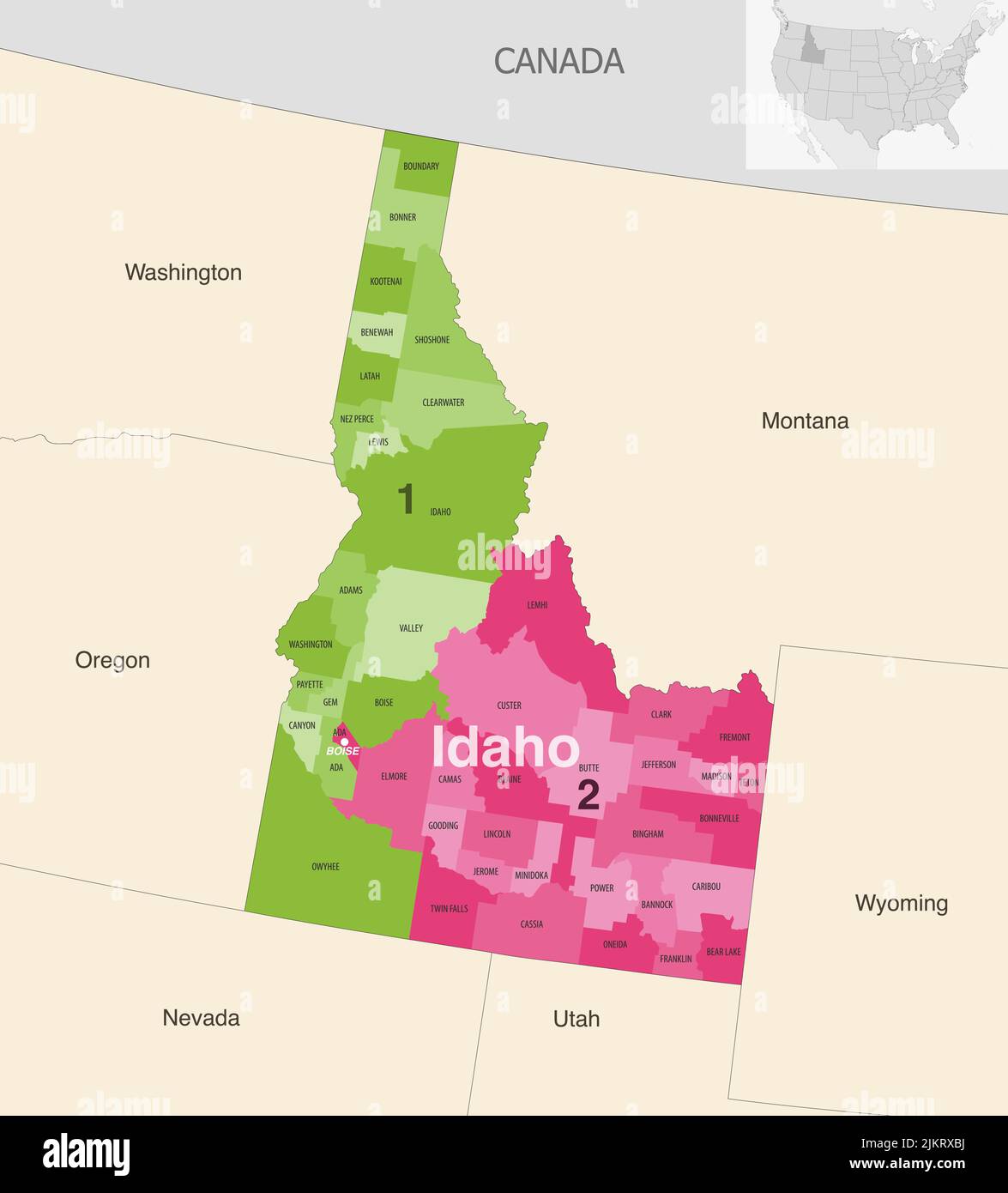 Le contee dello stato dell'Idaho sono colorate da una mappa vettoriale dei distretti del Congresso con gli stati vicini e le terrotorie Illustrazione Vettoriale