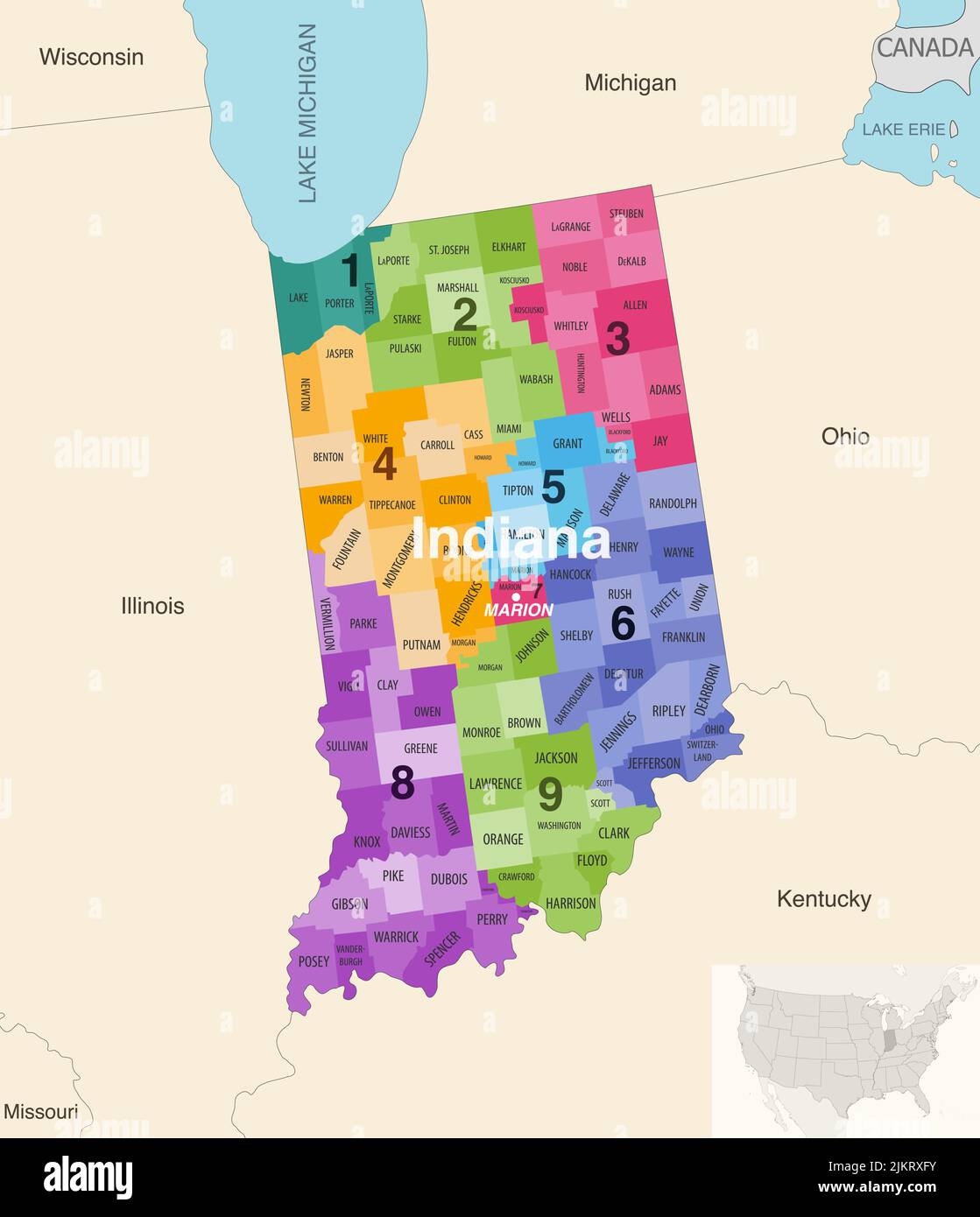 Le contee dello stato dell'Indiana sono colorate da una mappa vettoriale dei distretti del Congresso con gli stati vicini e le terrotorie Illustrazione Vettoriale