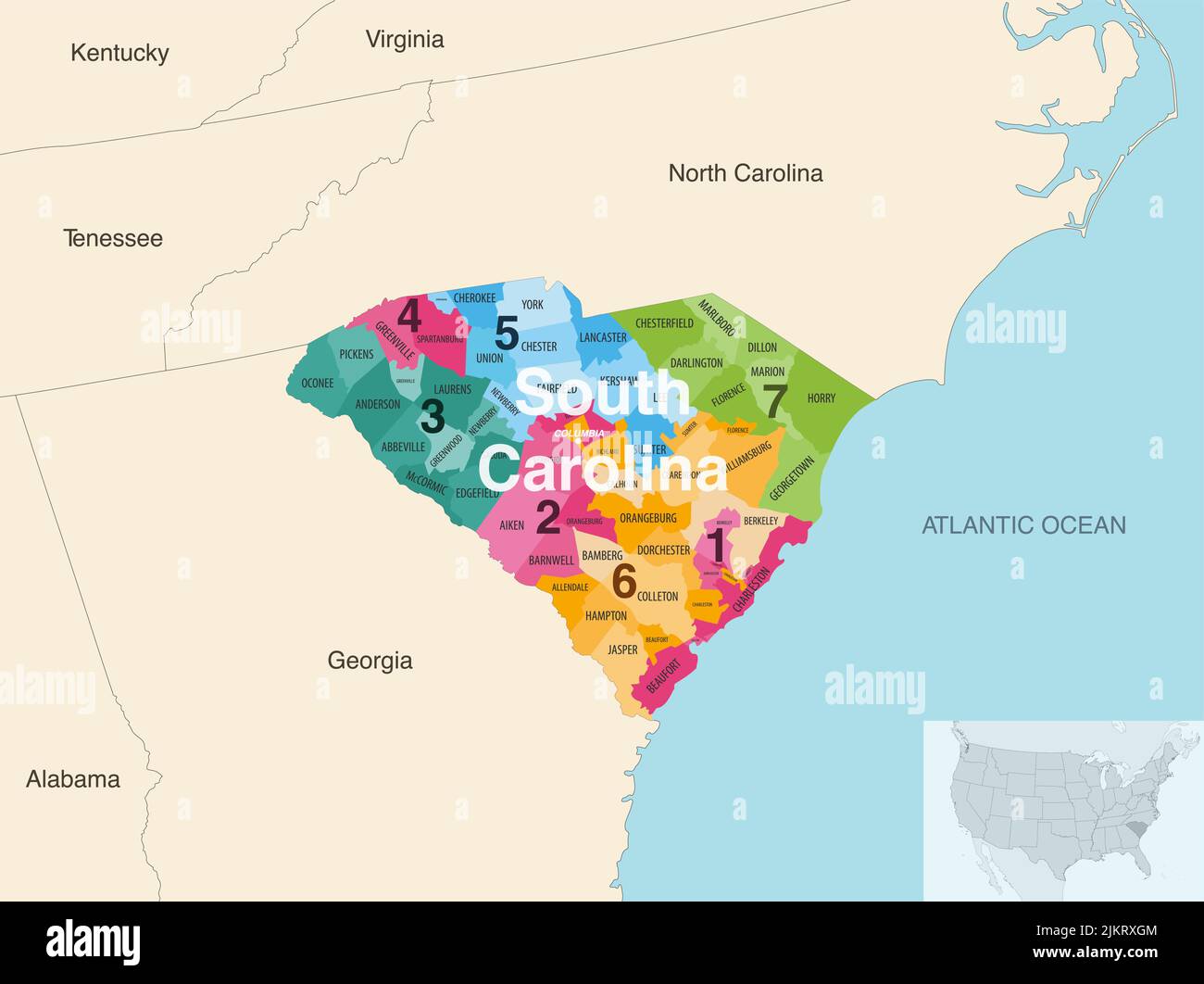 Le contee dello stato del South Carolina sono colorate da una mappa vettoriale dei distretti del Congresso con gli stati vicini e le terrotorie Illustrazione Vettoriale