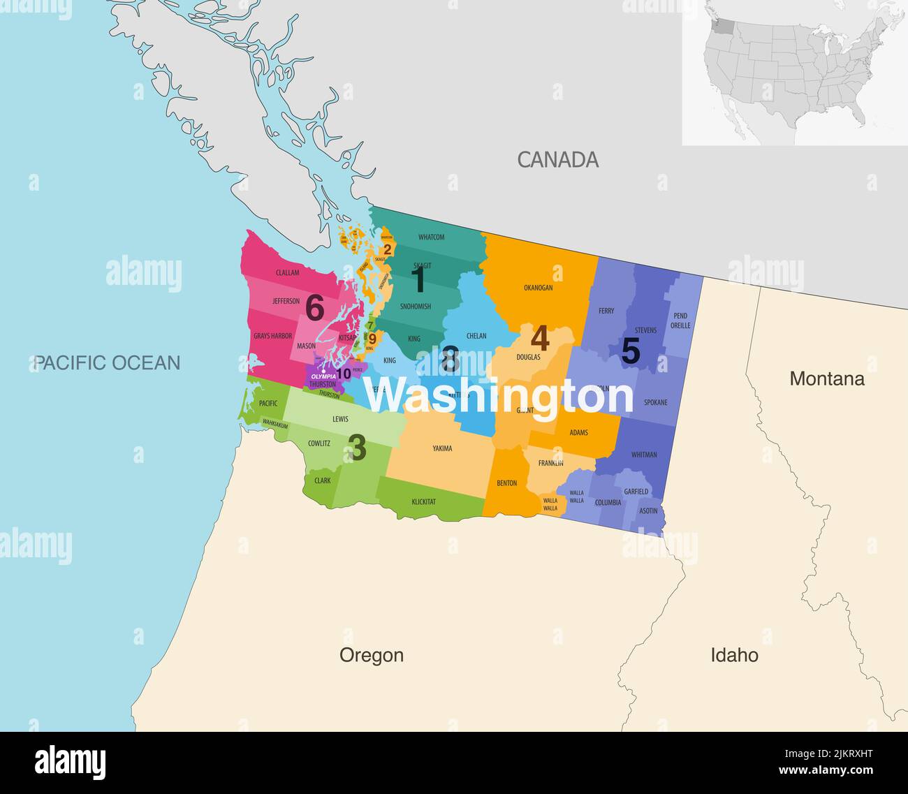 Le contee dello stato di Washington colorate da una mappa vettoriale dei distretti del Congresso con gli stati vicini e le terrotorie Illustrazione Vettoriale