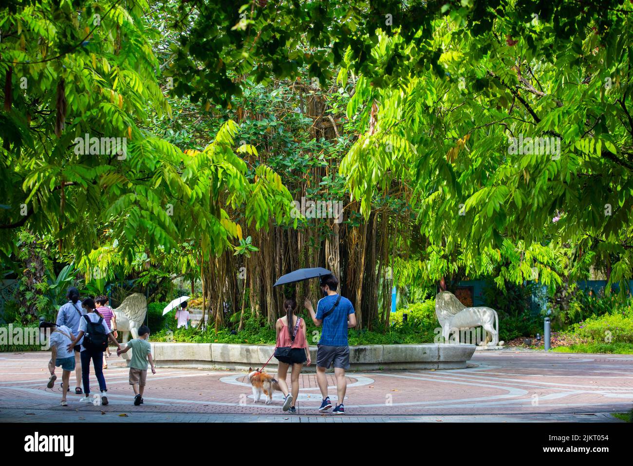 Un gruppo di visitatori che camminano nel giardino vicino alla baia, circondato da una vegetazione incantevole che è buono per la salute mentale. Singapore. Foto Stock