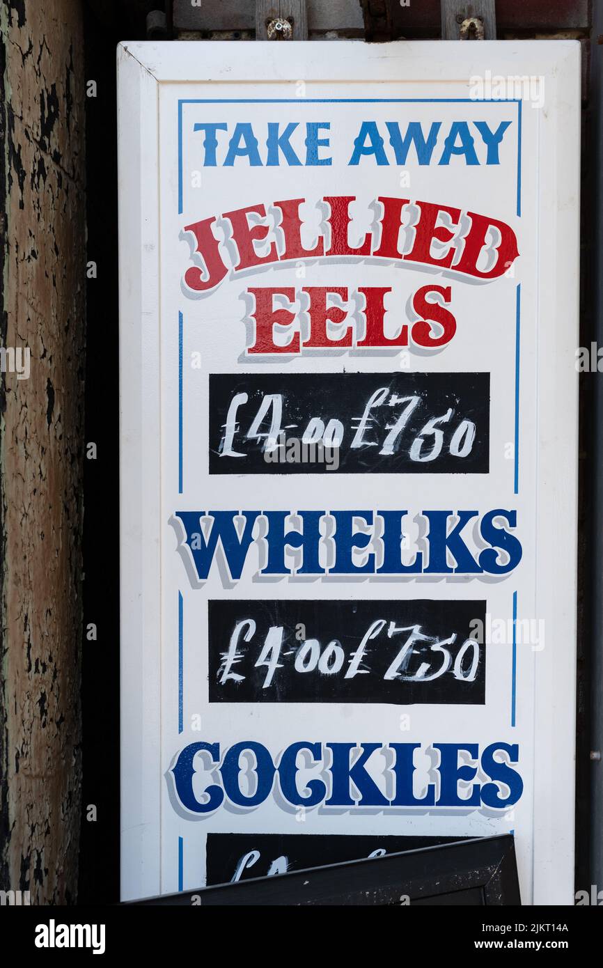 Gelatine, whelks, cockles firmano in Hastings, Inghilterra, Regno Unito Foto Stock