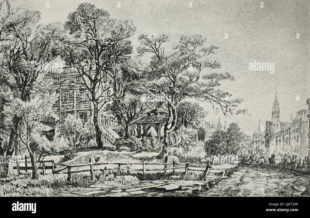 Fifth Avenue nei primi giorni. La famosa Robert Murray House, trentaseiesima a trentottesima strada. Da uno schizzo di Elizabeth Greatorex. E' qui che la signora Murray intratteneva gli ufficiali britannici in modo così delizioso che i soldati americani fuggirono ad Harlem Heights Foto Stock