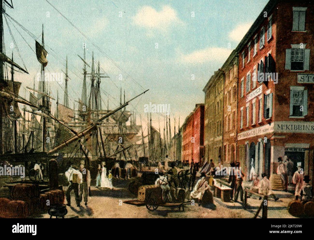 I primi giorni della spedizione americana. Una scena su South Street, da Maiden Lane, quando le bowspirits della giornata raggiunsero chiaramente gli uffici delle grandi aziende del giorno, circa 1834 Foto Stock