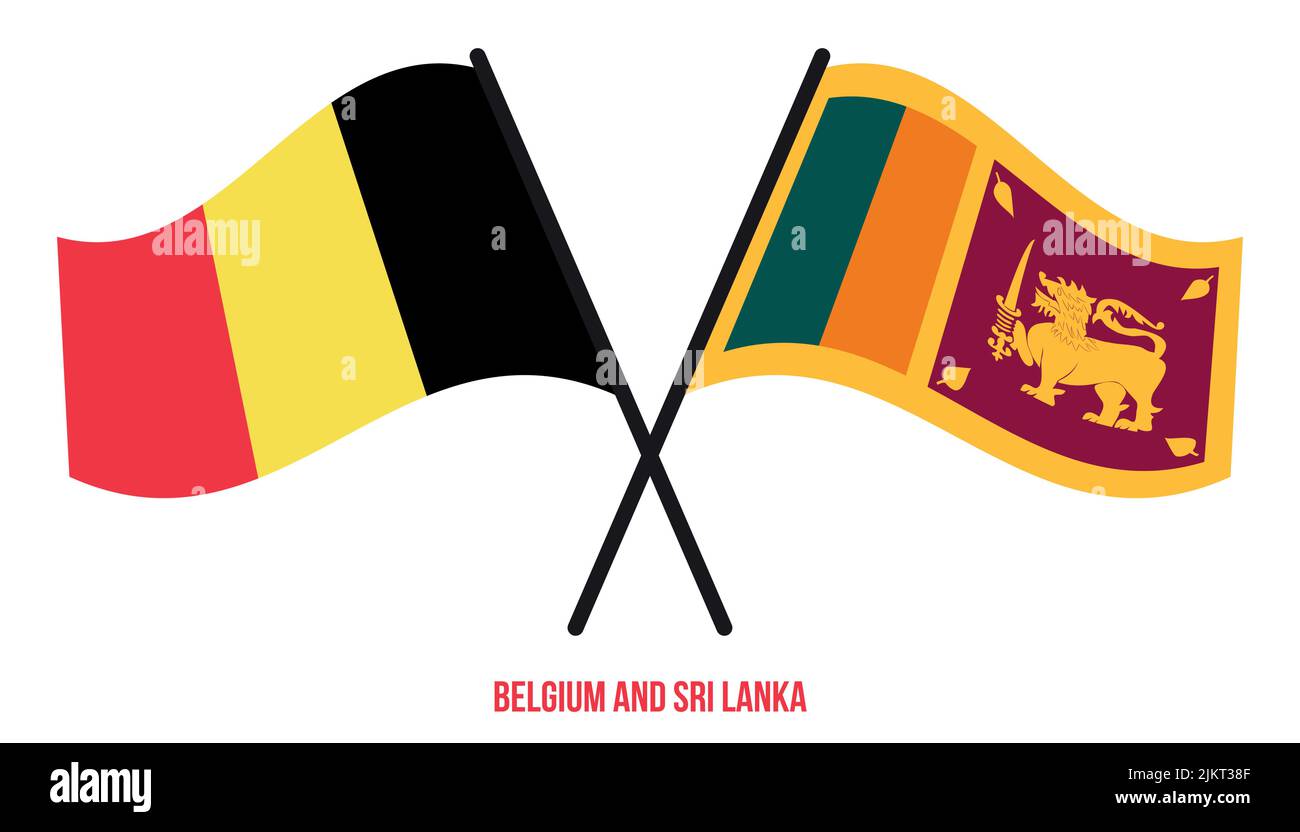 Bandiere del Belgio e dello Sri Lanka incrociate ed ondeggianti stile piatto. Proporzione ufficiale. Colori corretti Illustrazione Vettoriale