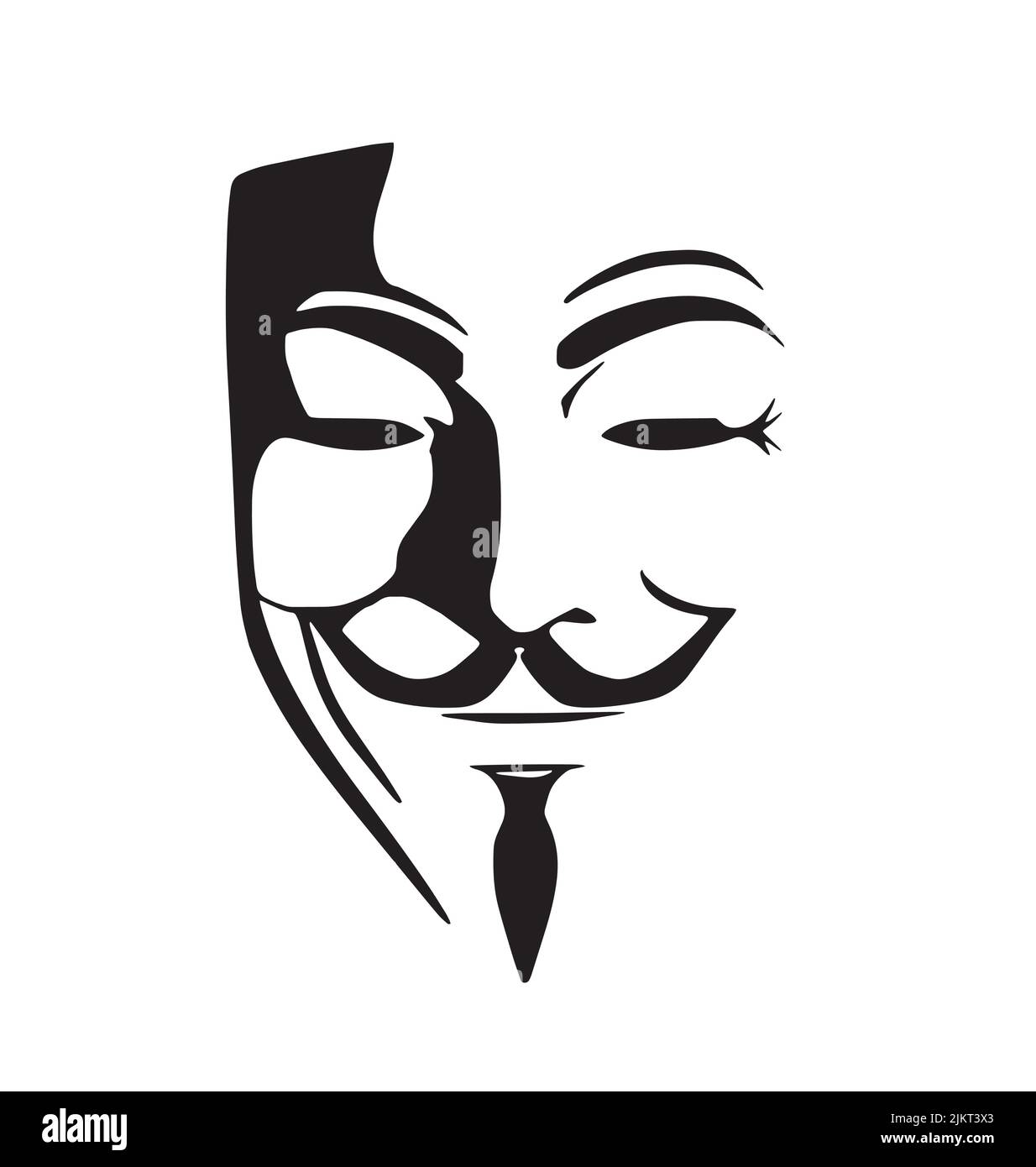 classico tipo fawkes maschera anonima disegno vettoriale bianco e nero isolato su sfondo bianco Illustrazione Vettoriale
