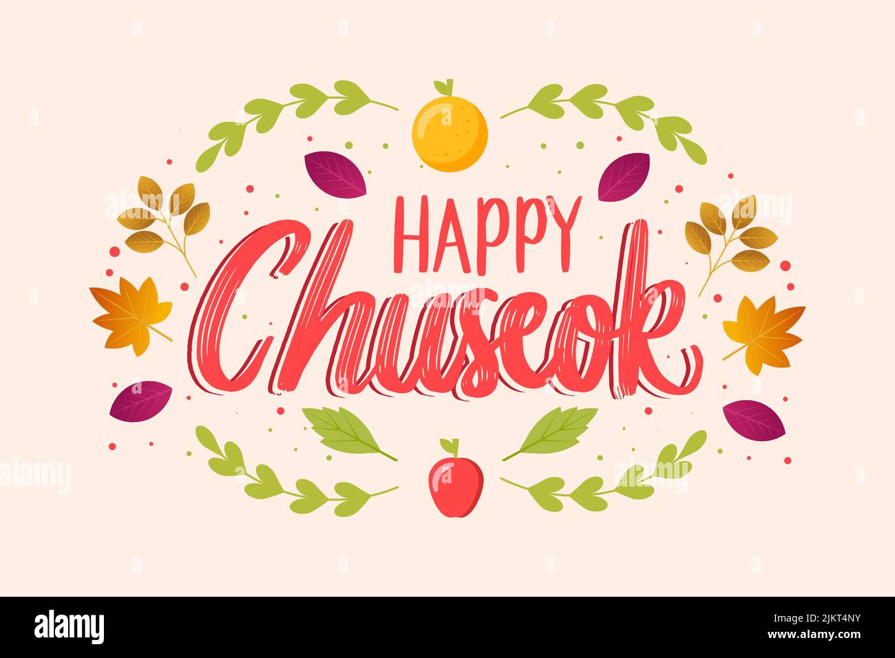 scritta a mano chuseok felice con foglie d'autunno e frutta Illustrazione Vettoriale