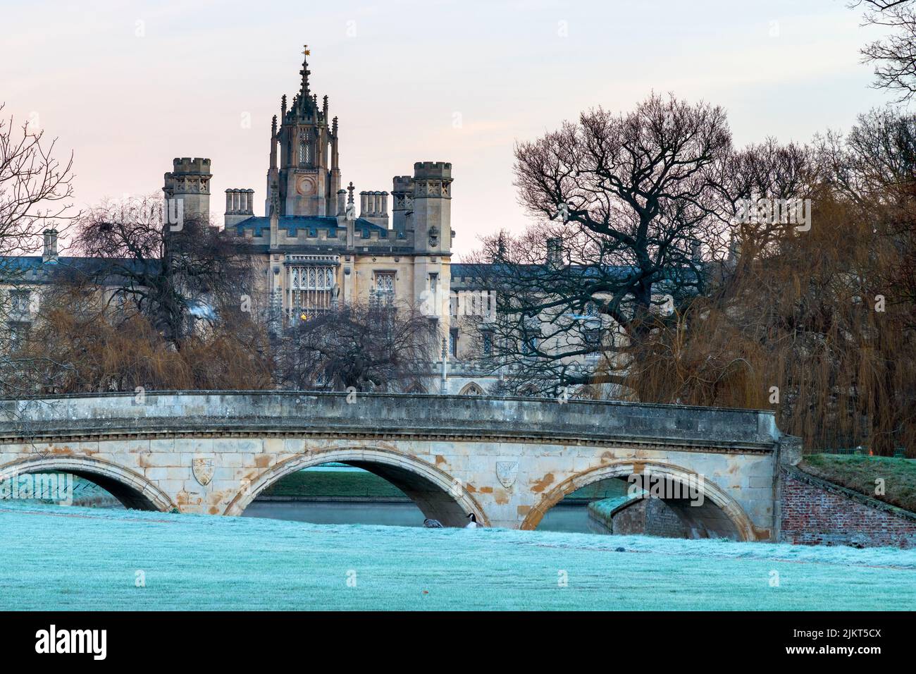 Regno Unito, Inghilterra, Cambridgeshire, Cambridge, Università di Cambridge, Le spalle, Trinity Bridge e St. John's College Foto Stock