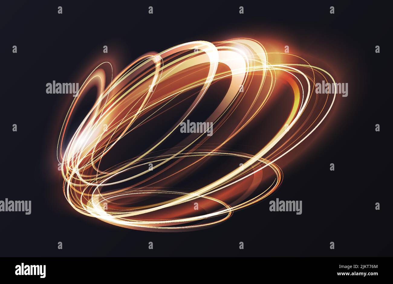 Bagliore dorato luminoso di anelli al neon, illustrazione vettoriale astratta a 3D effetti luminosi. La magia della velocità di rotazione incandescente, i cerchi di pista di turbolenza incandescente, le linee scintillanti su sfondo nero Illustrazione Vettoriale