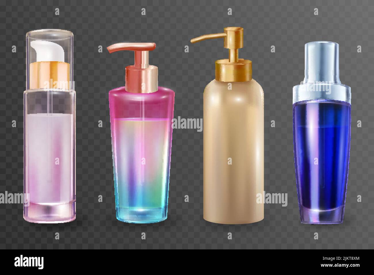 3D bottiglie per la cura della pelle, prodotti di bellezza set illustrazione vettoriale. Contenitore in plastica o vetro realistico con dispenser o tappo per lozione, gel doccia, profumo isolato su sfondo trasparente Illustrazione Vettoriale