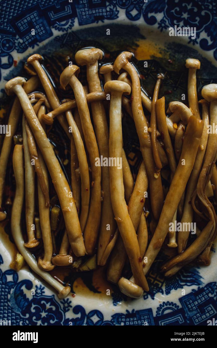 Funghi Enoki saltati con aglio, olio di sesamo, salsa di soia, cucina dell'Asia orientale su piatto giapponese bianco e blu Foto Stock