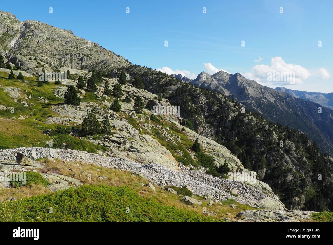 Una vista panoramica della catena montuosa dei Pirenei ricoperta di verde in una giornata di sole Foto Stock