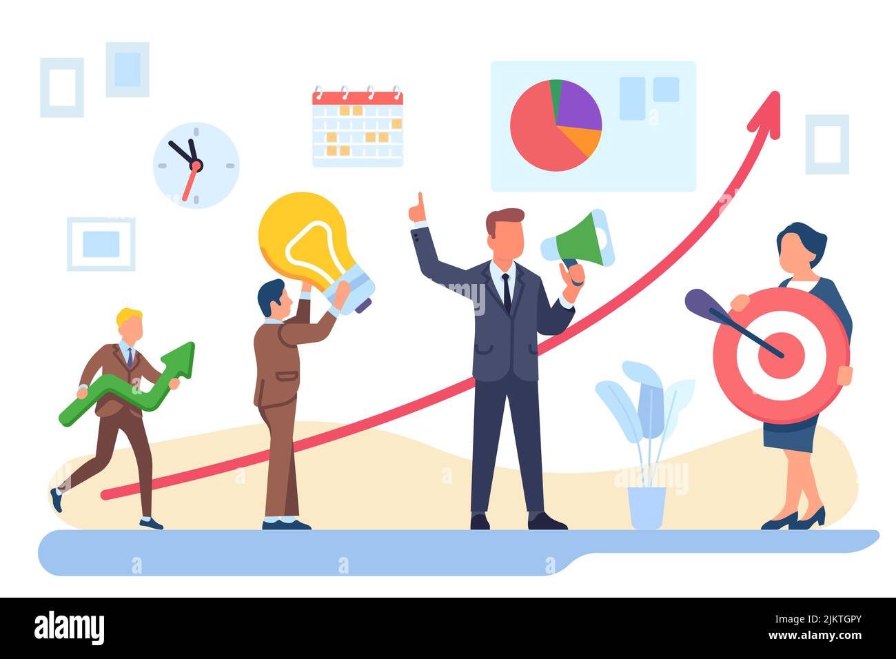 Lavoro di squadra in ufficio. Collaborazione dei dipendenti. Organizzazione efficace del flusso di lavoro. Gli uomini d'affari lavorano insieme. Collaborazione tra lavoratori. Collaborazione tra colleghi Illustrazione Vettoriale