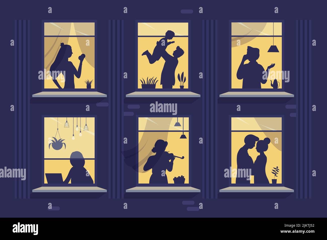 Finestre di appartamenti di casa con silhouette di persone vicini dietro tende illustrazione vettoriale. Le scene di vita dei cartoni animati dei personaggi maschili femminili trascorrono del tempo alla sera in cornice dell'edificio esterno Illustrazione Vettoriale