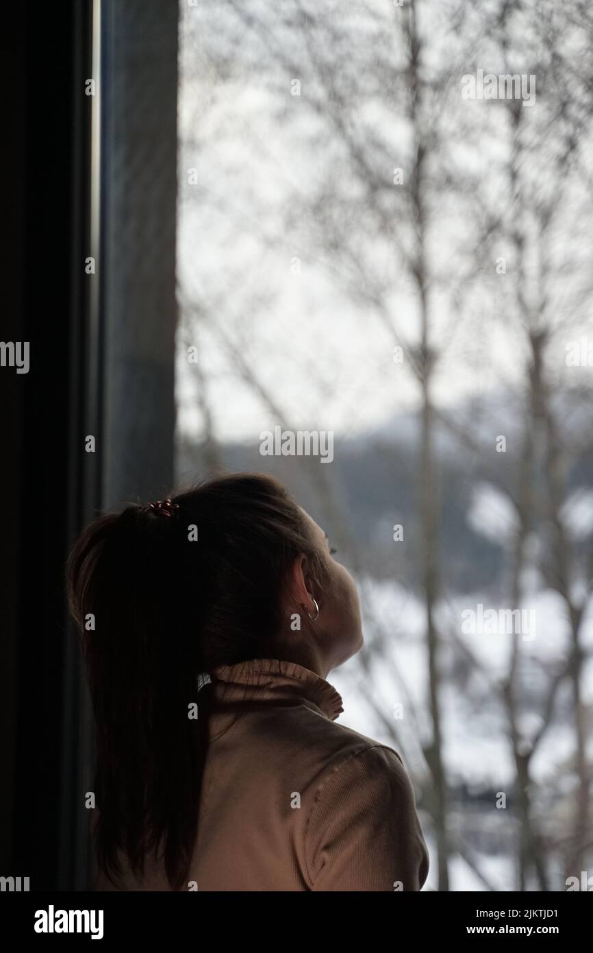 Un primo piano di una giovane donna Ucraina in una bella casa di cabina Foto Stock