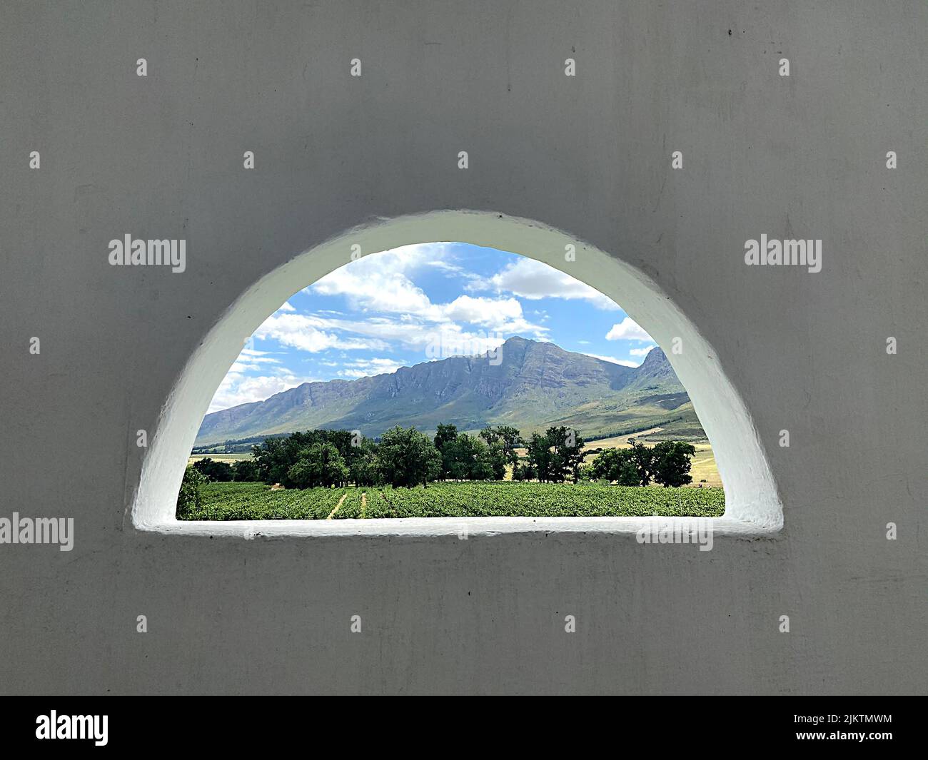 Una vista panoramica di un vigneto verde e di un paesaggio montano incorniciato da un arco murario Foto Stock