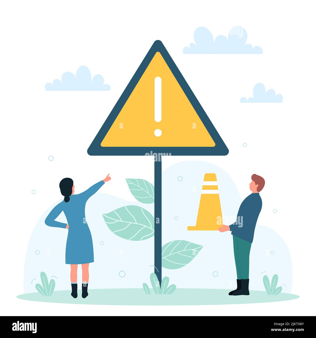 Regole del traffico, segnale di avvertimento da prestare attenzione sulla strada o sulla figura del vettore autostradale. Cartoon piccola gente che punta su triangolo segnaletica stradale con punto esclamativo, attenzione alla sicurezza dei trasporti Illustrazione Vettoriale