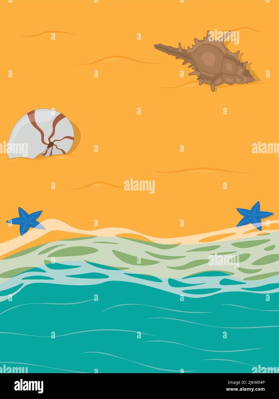 Spiaggia di sabbia al confine con mare pieno di conchiglie e stella marina illustrazione vettoriale Illustrazione Vettoriale