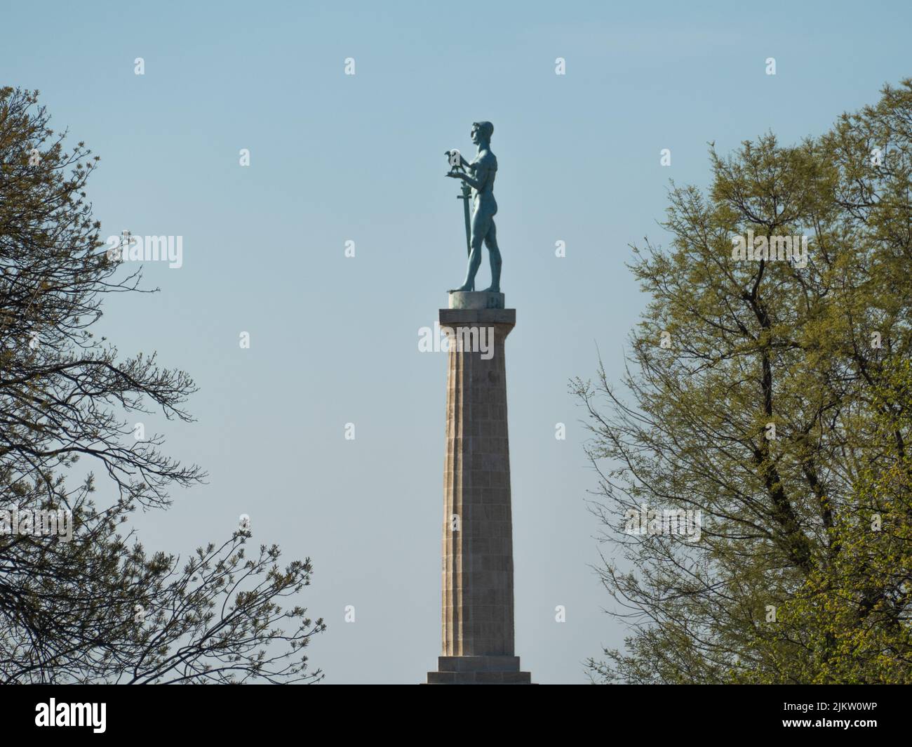 L'alto monumento di Pobednik nella Fortezza di Belgrado dalla cornice degli alberi in Serbia Foto Stock