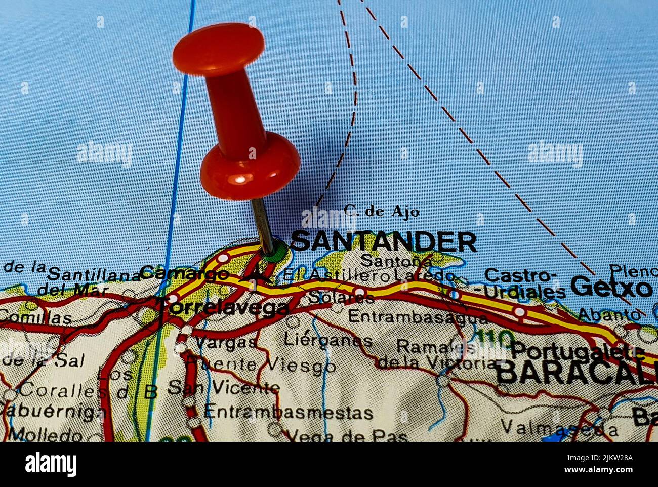 Un primo piano di posizione pin di Santander su una mappa Foto Stock