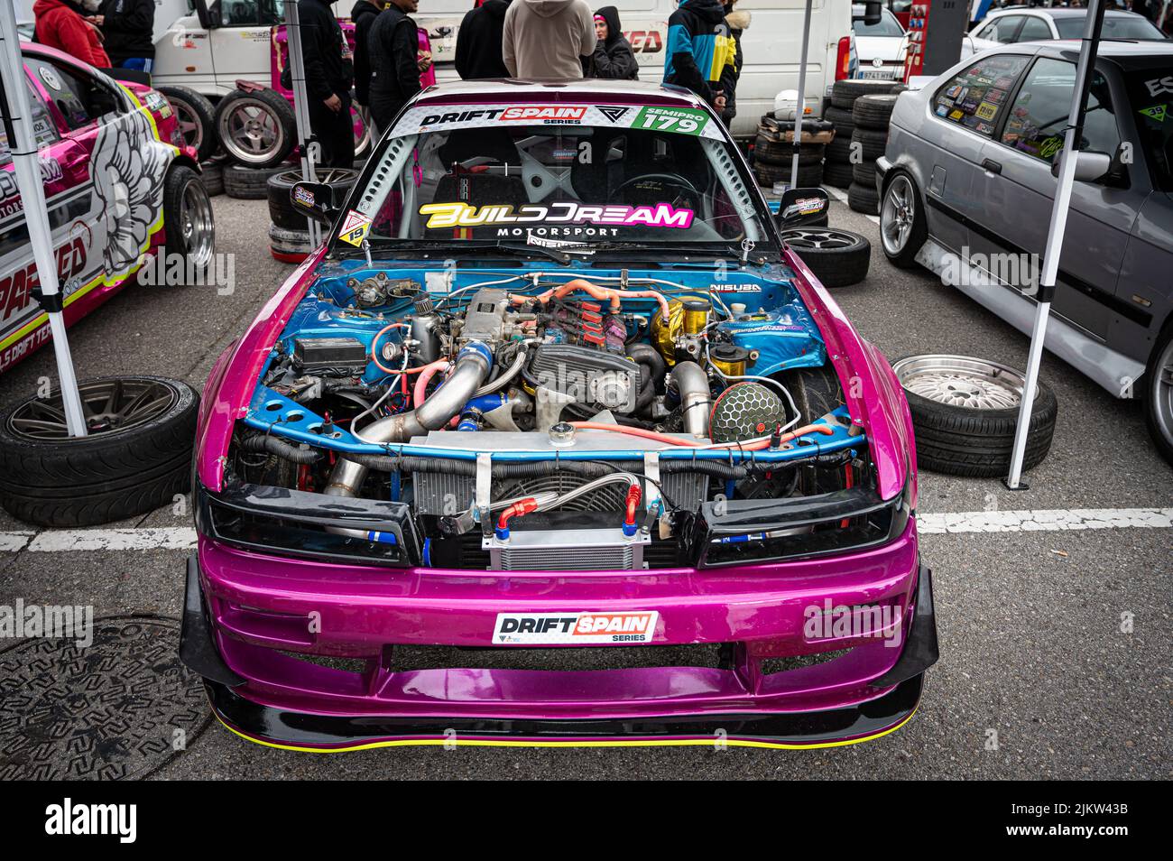 Navarre, Spagna; 6 marzo 2022: Particolare del motore di una Nissan Silvia S13 altamente modificata Foto Stock