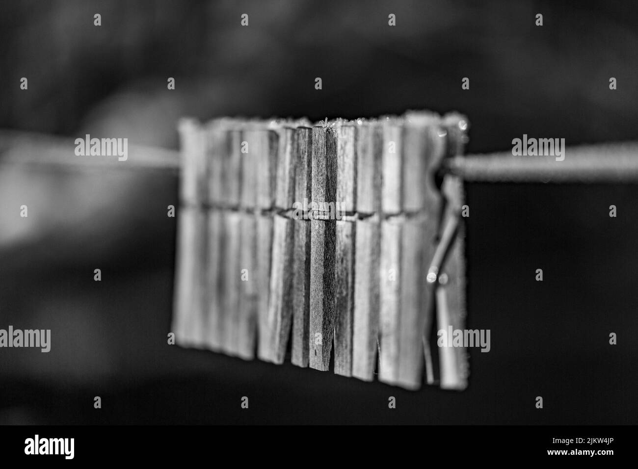 Un colpo in bianco e nero di vecchi pioli appesi su una corda su uno sfondo sfocato Foto Stock