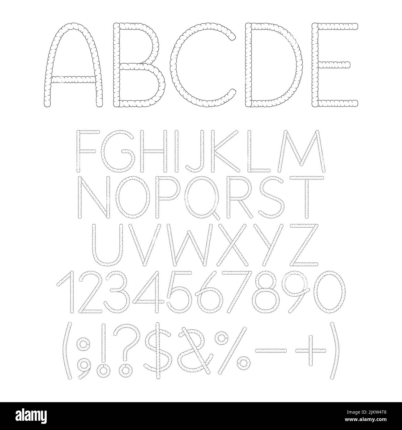 Carattere, alfabeto, lettera, numero e segno dai blocchi. Oggetti isolati in bianco e nero su sfondo bianco. Illustrazione Vettoriale