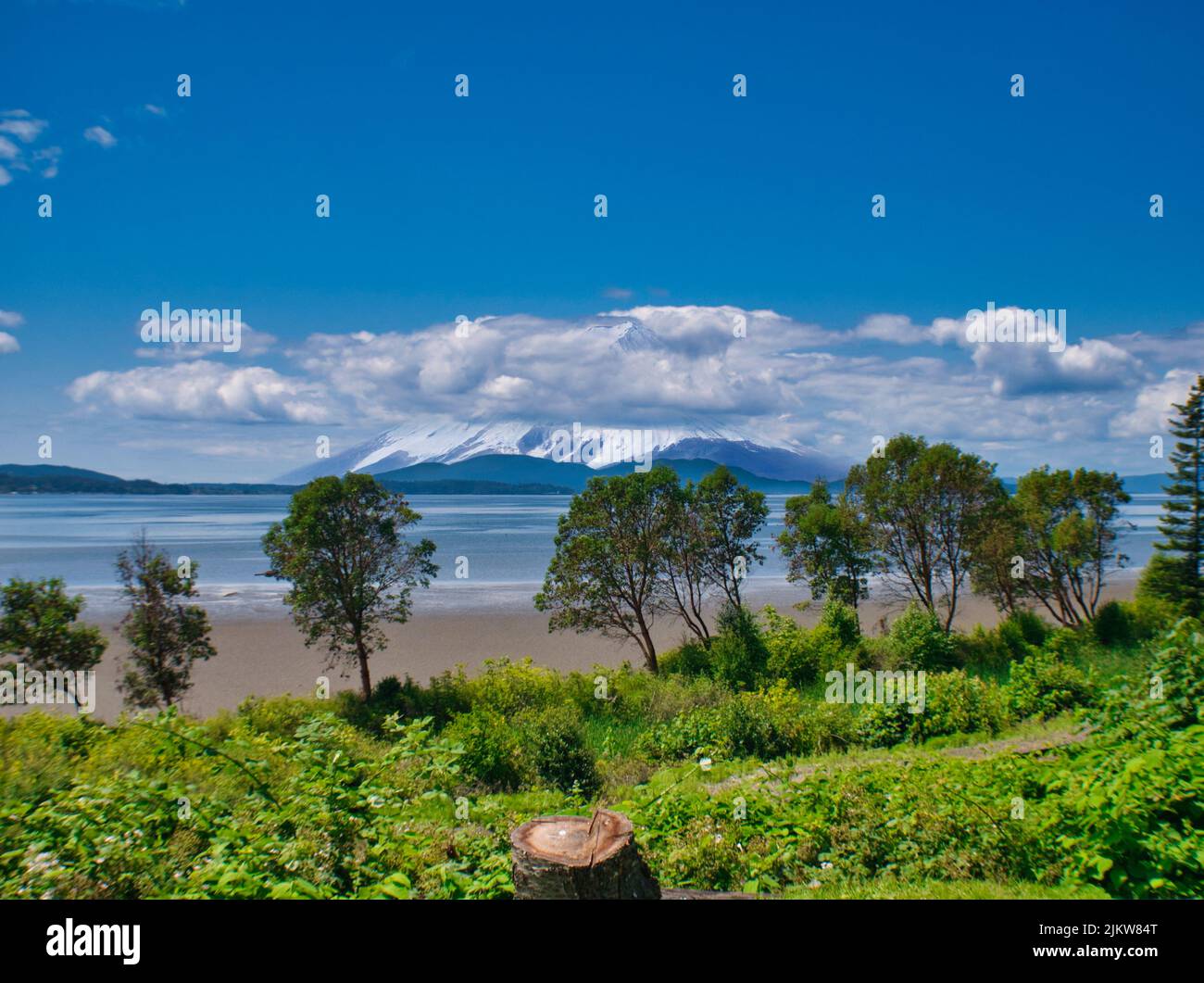 Una vista naturale della contea di Skagit e del paesaggio montano sulla baia durante l'estate Foto Stock