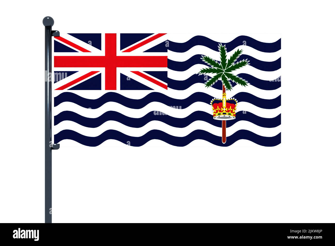 3D illustrazione della bandiera del territorio britannico dell'Oceano Indiano con asta di bandiera cromata con ganci a scatto in cielo blu diritto. Sfondo bianco tramite un canale alfa Foto Stock
