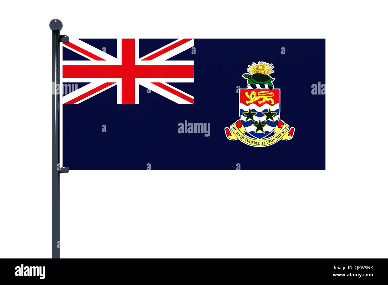 3D illustrazione della bandiera delle Isole Cayman con palo di bandiera cromato con ganci a scatto in cielo blu diritto. Sfondo bianco attraverso un canale alfa di grande p Foto Stock