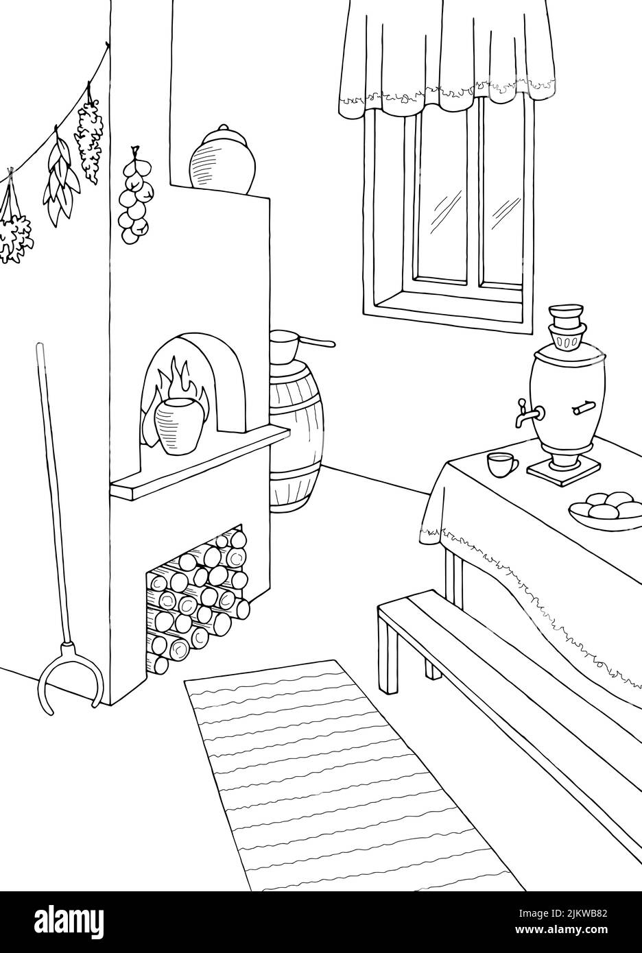 Vecchio russo cucina camera grafica bianco nero casa interno verticale disegno illustrazione vettore Illustrazione Vettoriale