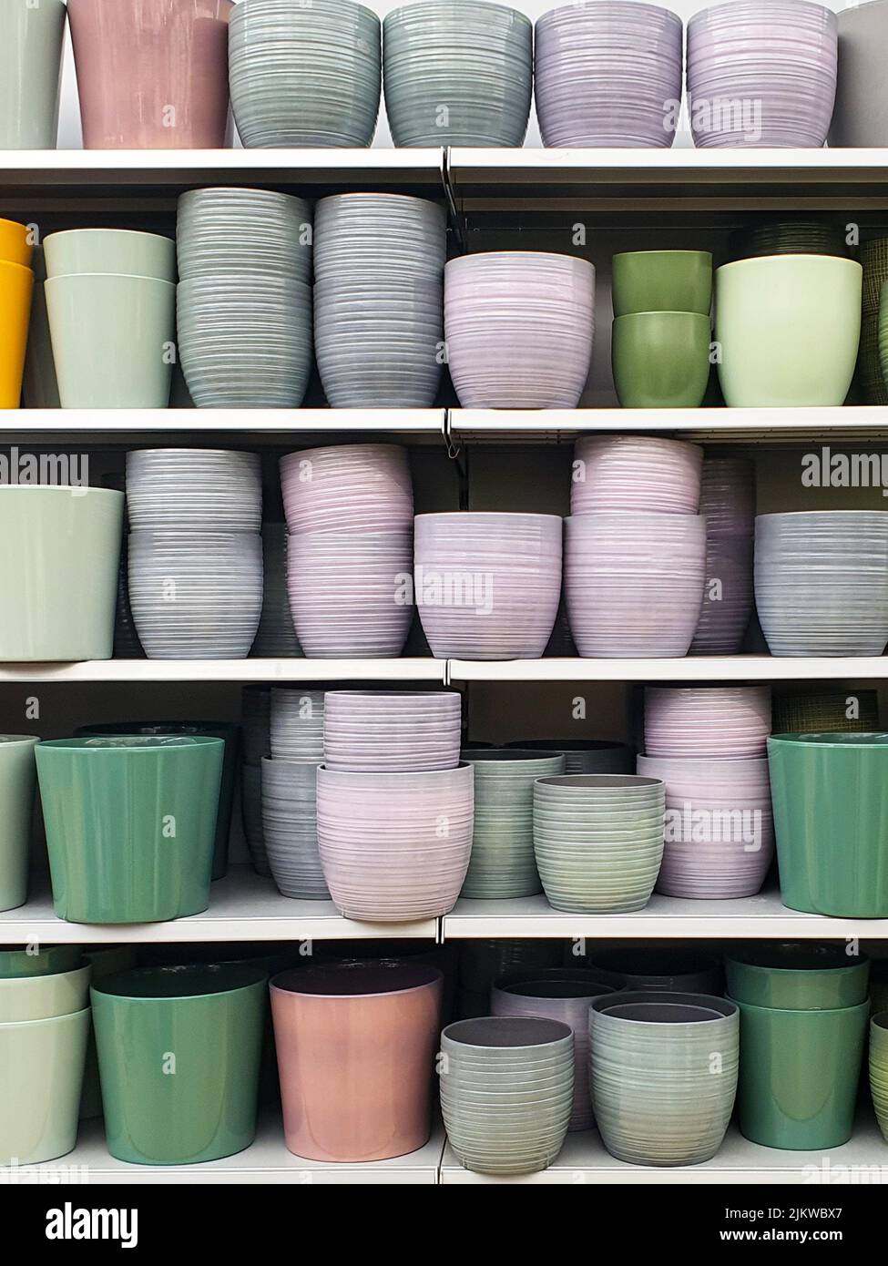 Uno scatto verticale di molti vasi colorati del fiore nel supermercato Foto Stock