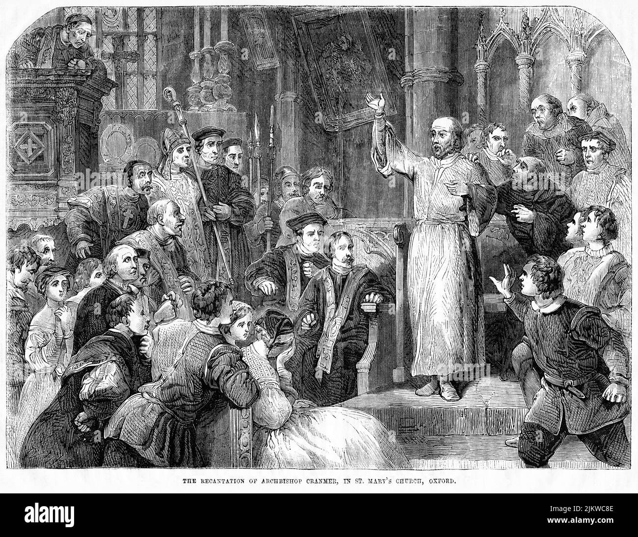 La recitazione dell’Arcivescovo Cranmer, nella Chiesa di Santa Maria, illustrazione del Libro, “John Cassel’s Illustrated History of England, Volume II”, testo di William Howitt, Cassell, Petter, e Galpin, Londra, 1858 Foto Stock