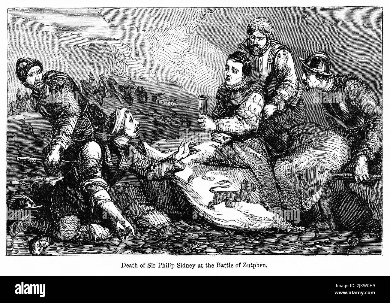 Morte di Sir Philip Sidney nella Battaglia di Zutphen, illustrazione del Libro, 'John Cassel’s Illustrated History of England, Volume II', testo di William Howitt, Cassell, Petter, e Galpin, Londra, 1858 Foto Stock